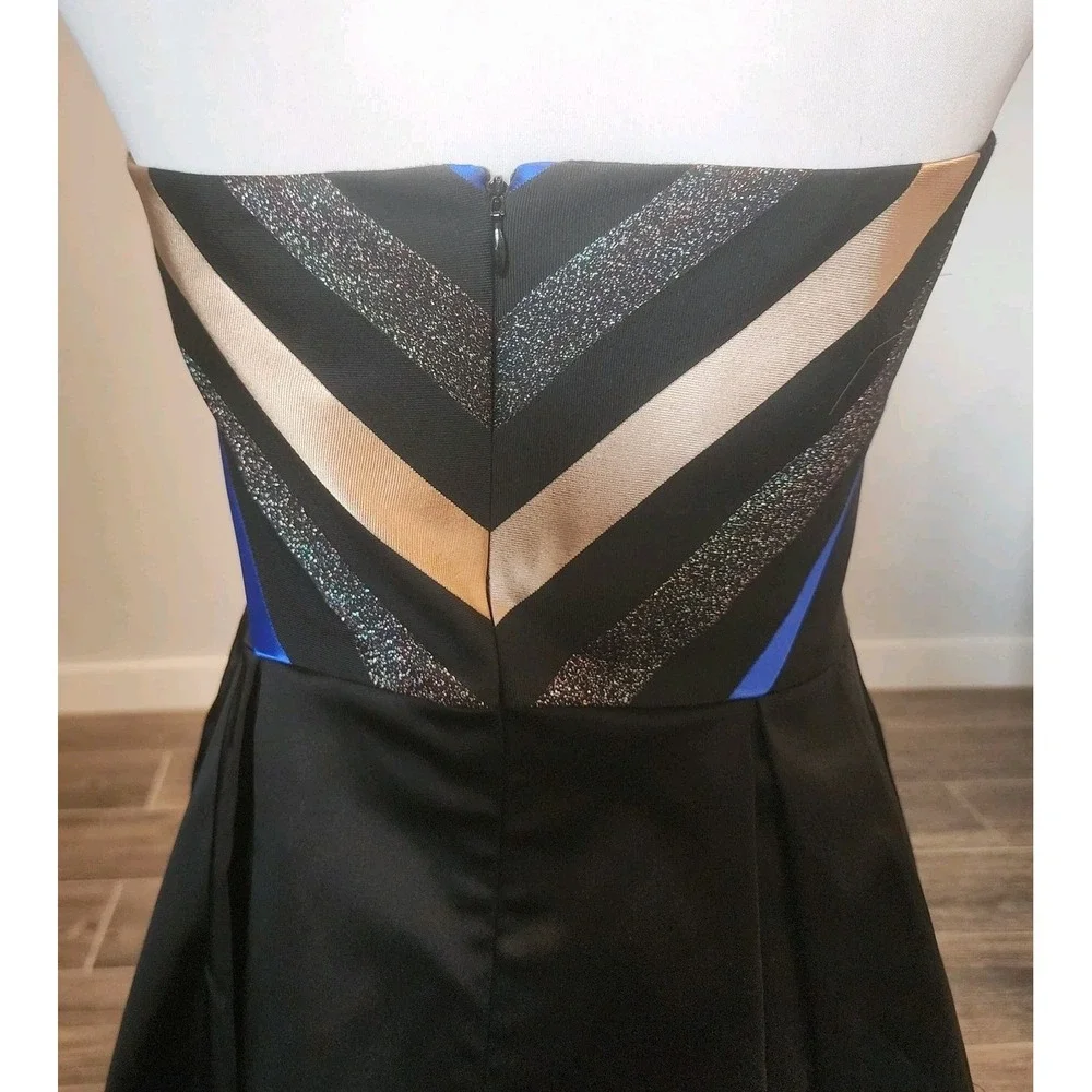 Shoshanna Fit and Flare Strapless Dress Womens 10 Black Gold‎ Blue Chevron NEW